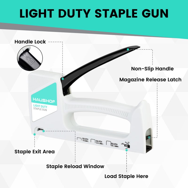 HAUSHOF Light Duty Staple Gun, Upholstery Staple Gun with 800PCS JT21 Staples and Stapler Remover, Fits JT21 Staple of 1/4'', 5/16'' & 3/8'', Used for Wood, Classroom, Crafts, DIY, Decoration (White) - Image 2